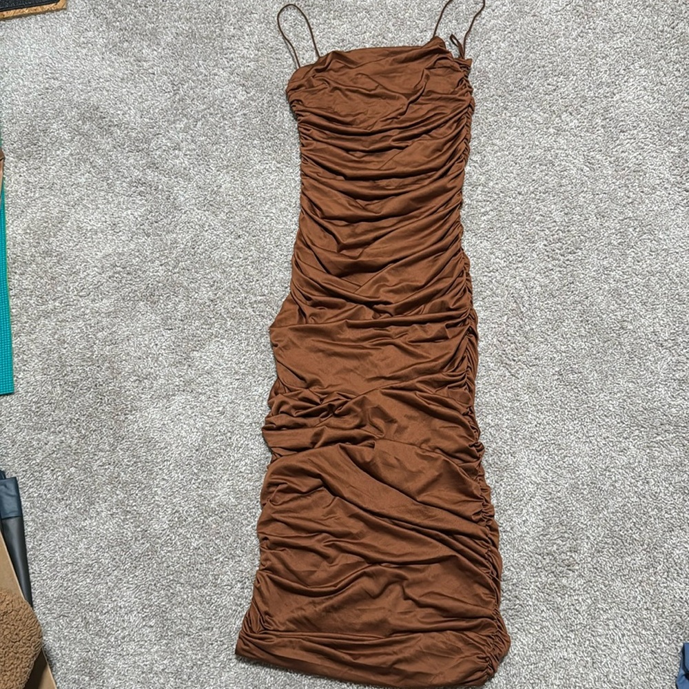Brown Ruched Midi Dress